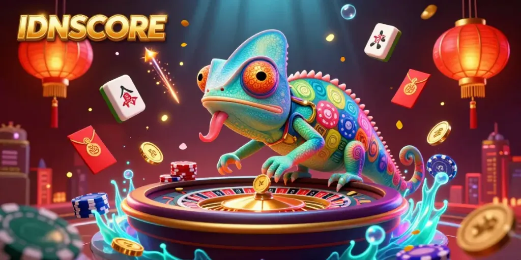 Engage in thrilling casino action with IDNSCORE as a vibrant chameleon owner amidst swirling mahjong tiles and floating gold.