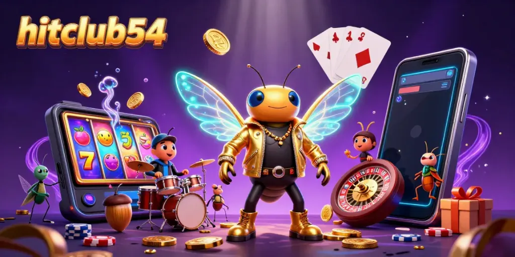 Experience the vibrant hitclub54 adventure with a cartoon cicada rock star amid dynamic gaming elements.
