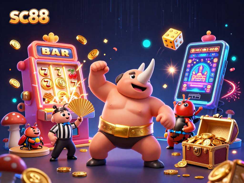 Experience sc88 with a thrilling casino scene featuring a beetle sumo champion amidst a jackpot explosion.