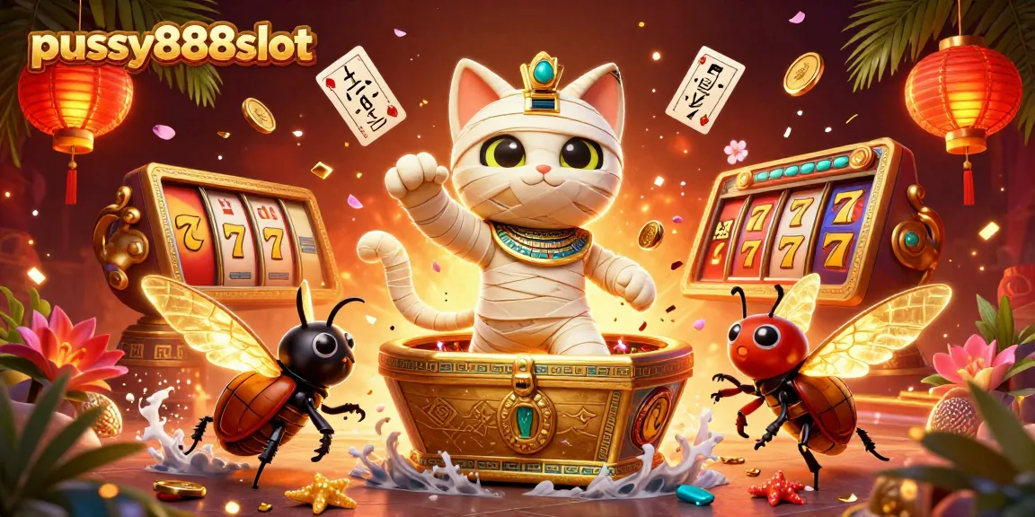 Experience the excitement of pussy888slot with vibrant 3D characters and slot elements in a captivating casino setting.