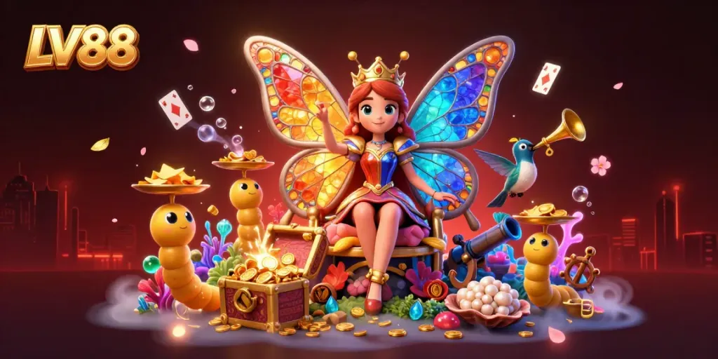 Immerse in LV88's exciting online casino world with a vibrant 3D butterfly queen and gaming elements.