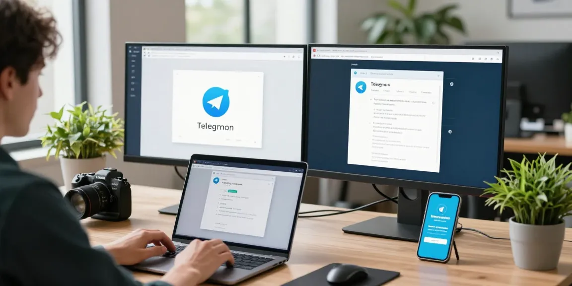Engaging workspace for Telegram Download with modern tech, dual monitors, and natural light.