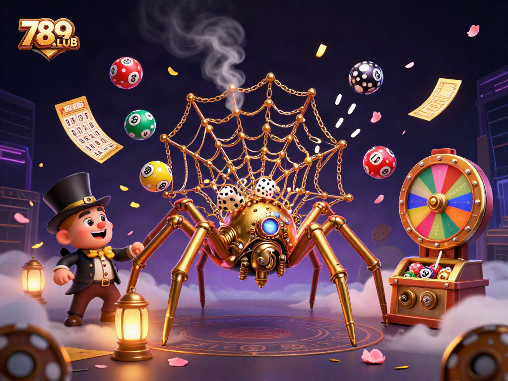 Play immersive games at 789CLUB with a steampunk spider illustration, showcasing interactive elements.