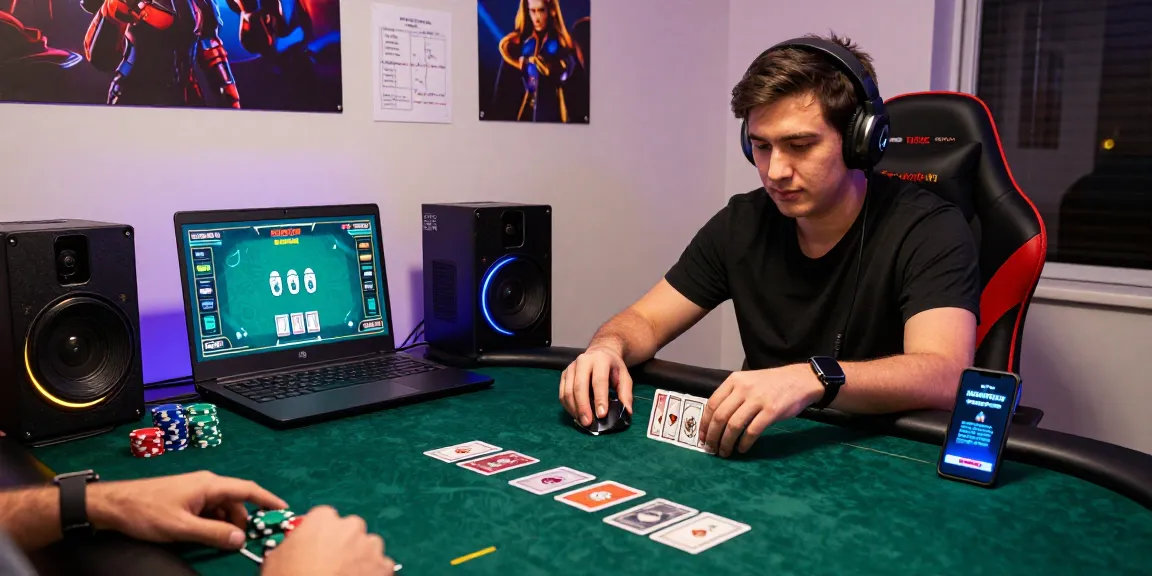Intense poker gaming setup showcasing player engaged at Situs Poker Uang Asli Dewapoker with high-tech gear and vibrant LEDs.
