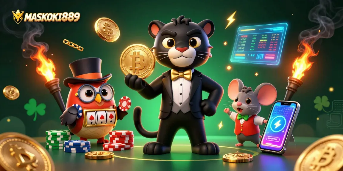 Engage with MASKOKI889's vibrant slot gameplay, featuring a stylish panther dealer, gleaming coins, and dynamic action!