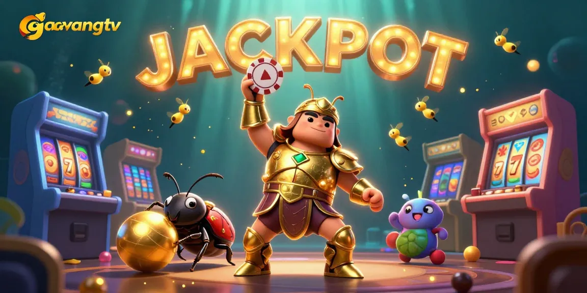 Experience the excitement with gavangtv in a dynamic 3D casino illustration featuring a winning beetle hero.