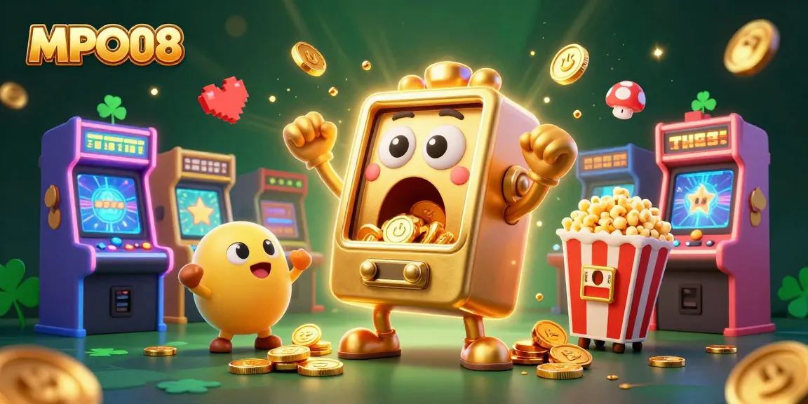 MPO08 slot machine celebrates a jackpot, surrounded by cheering mini machines and exciting game elements.