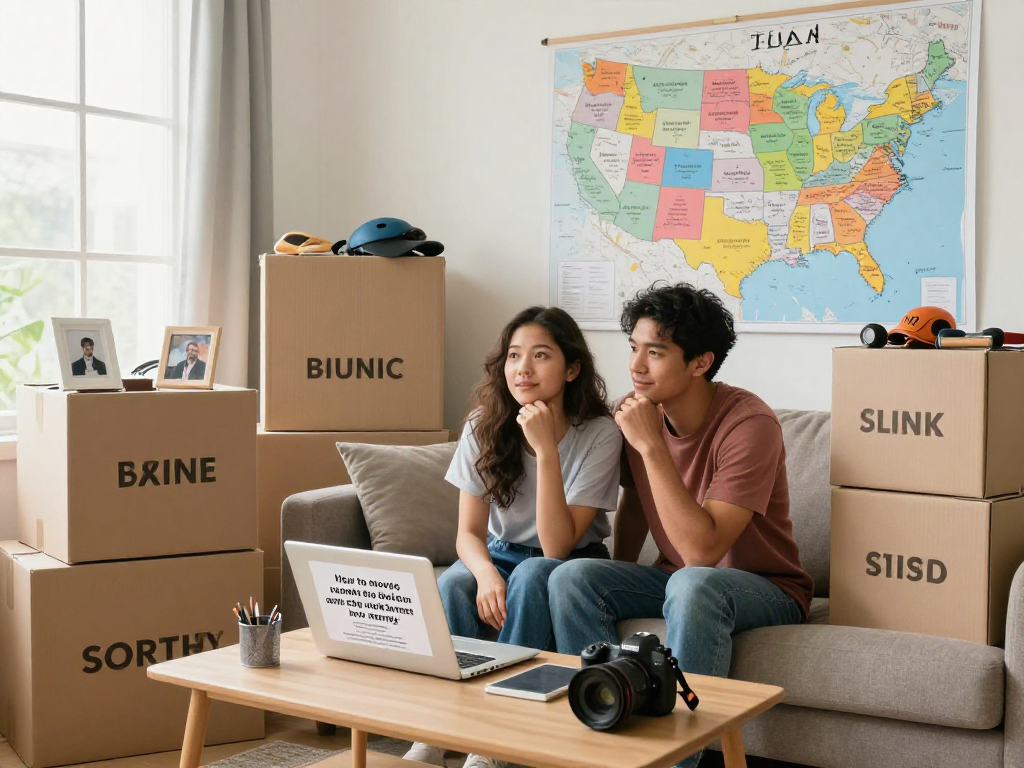 Young couple exploring how to move to another state with no money amidst moving boxes and a laptop guide.