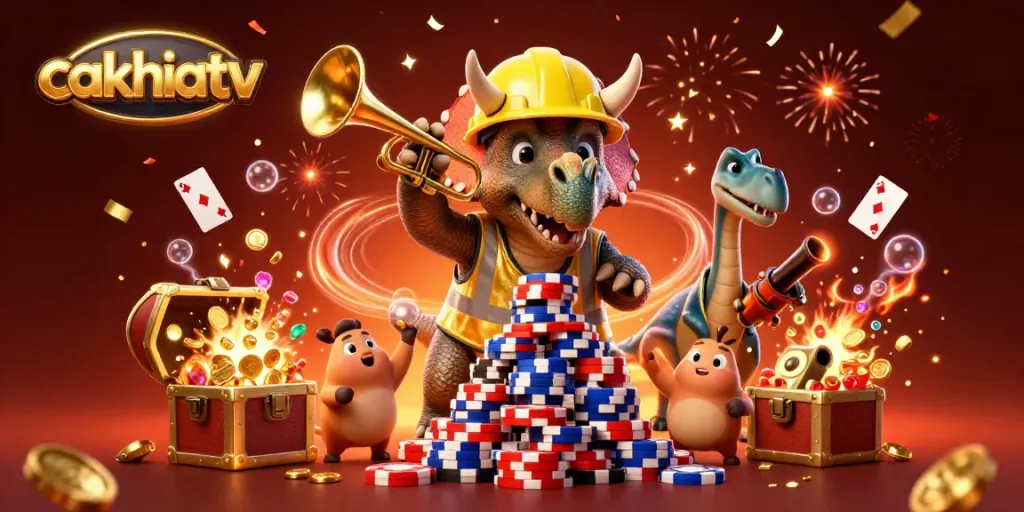 Engage in thrilling gameplay with cakhiatv, featuring an energetic scene of cheerful dinosaurs celebrating with poker chips.