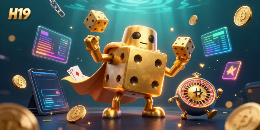 Engage in thrilling gameplay at H19, where golden dice and crypto coins create an electrifying casino atmosphere.