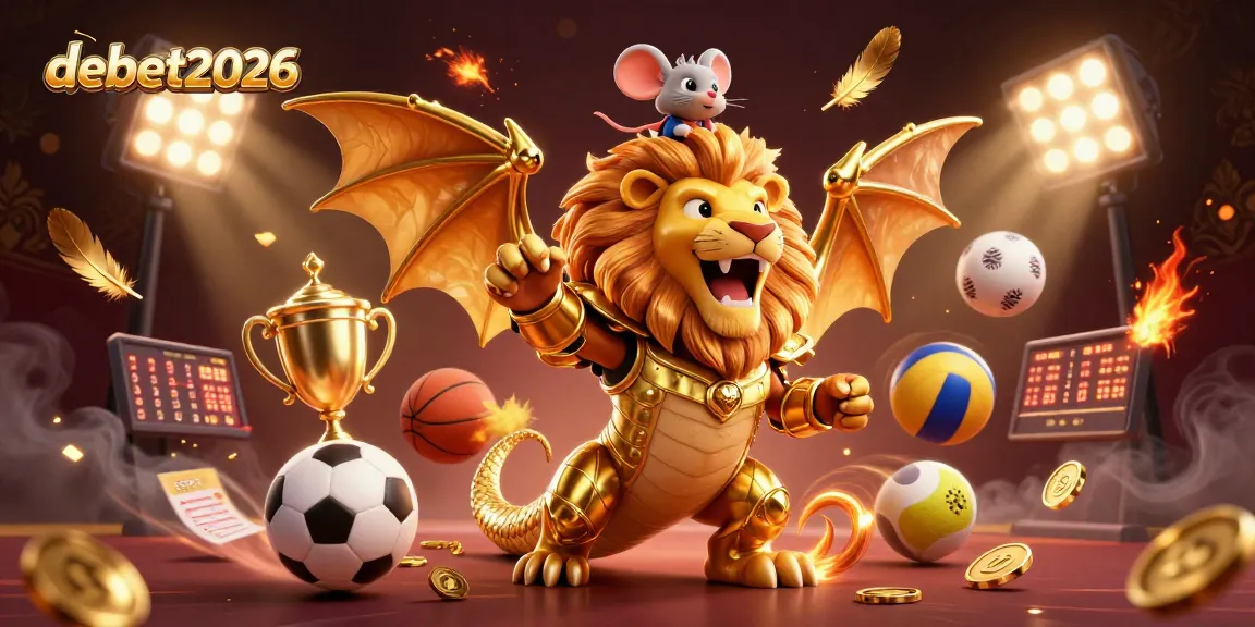 Join the excitement of debet2026 in this dynamic scene of a triumphant chimera, sports elements flying around.