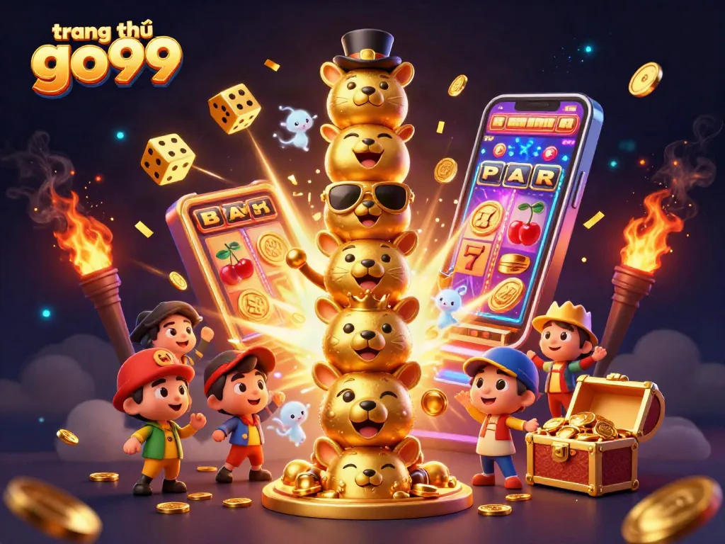Experience the excitement of trang chủ go99 with a dynamic 3D casino scene filled with vibrant symbols and action.