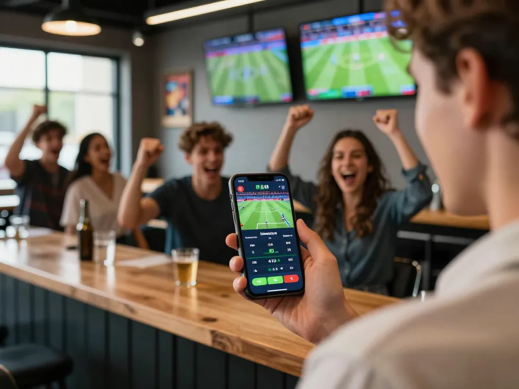 Engaging sports betting scene showing Keo nha cai 5 on mobile app with friends celebrating.