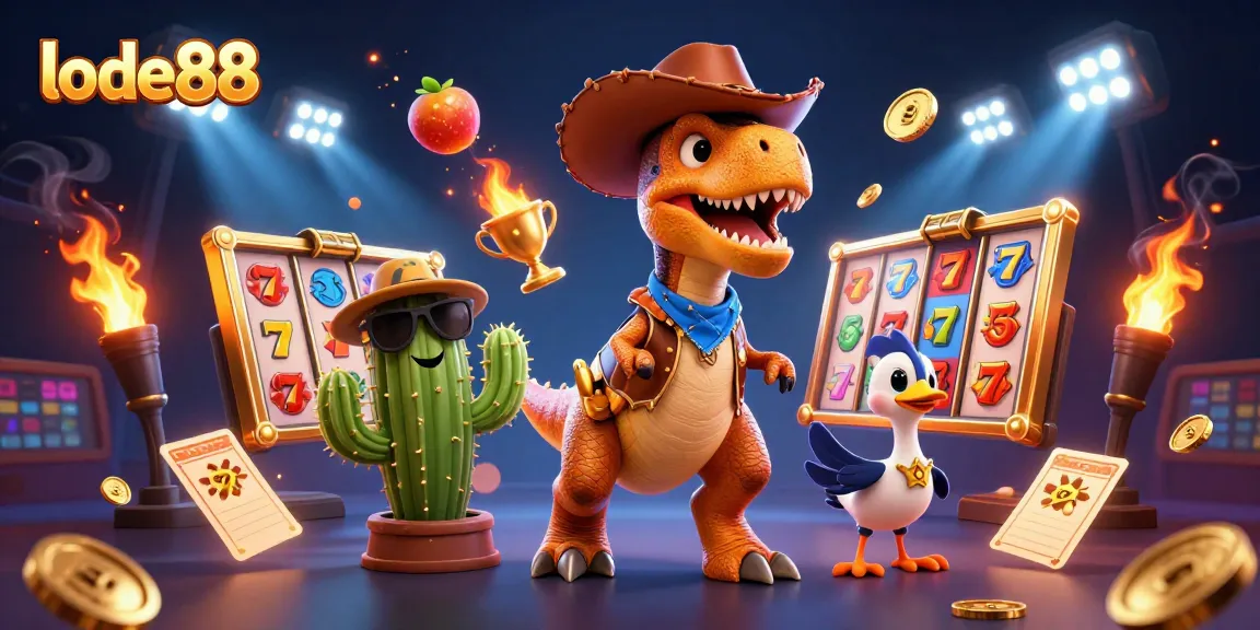 Experience exciting jackpots at lode88 with a vibrant 3D casino scene featuring animated characters and slots.