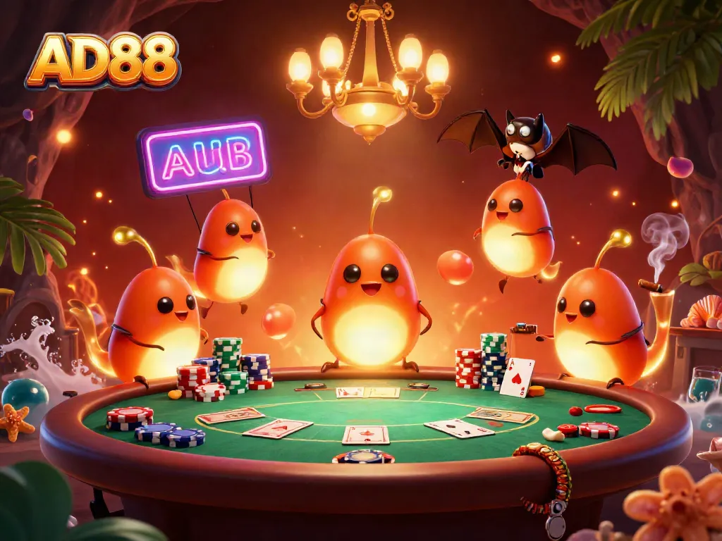 Experience thrilling poker moments at AD88 with vibrant casino-themed illustration.