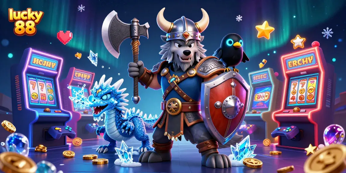 Experience lucky 88's thrilling gameplay with the Viking wolf and dragon in a vibrant casino scene.