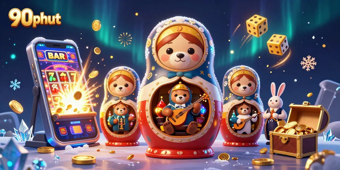 90phut showcases an exciting scene with bears in dealer outfits surrounded by slots, jackpot coins, and gaming elements.