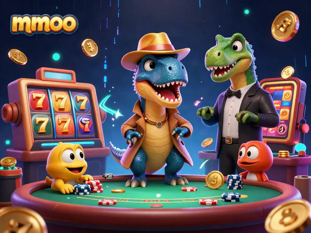 mmoo showcases an exciting casino scene with a cartoon velociraptor, adding thrill to gambling adventures.