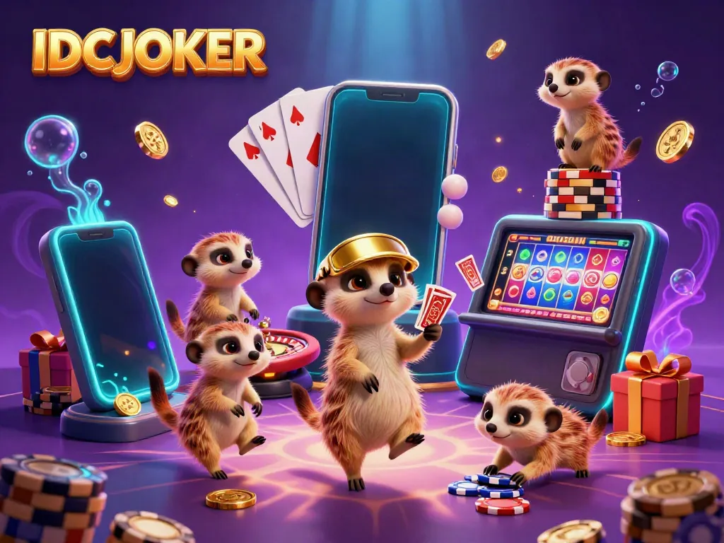 IDCJOKER shows meerkats running a vibrant casino, surrounded by colorful games and glittering chips.