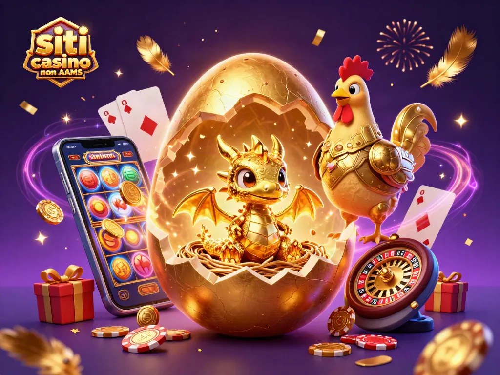 Scopri i siti casino non AAMS con il baby drago d'oro e fiches da poker in un'esplosione di divertimento e festeggiamenti.