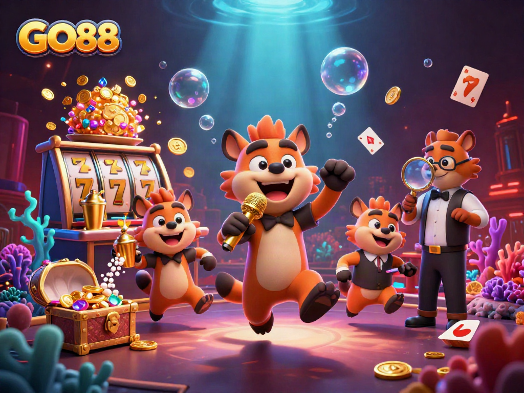 Experience GO88 gaming excitement with hyenas at a dynamic casino scene filled with vibrant slot elements.