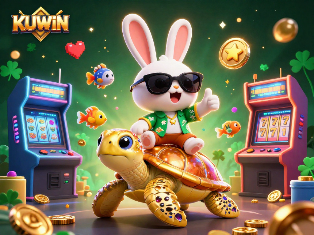 KUWIN's vibrant casino experience featuring a lucky rabbit and a golden sea turtle surrounded by gaming elements.