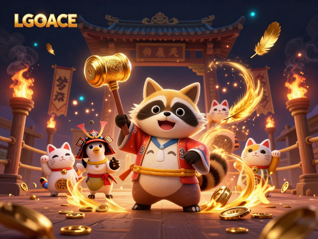 LGOACE presents a vibrant illustration of a cheerful tanuki and fortune cats in a dynamic casino scene.