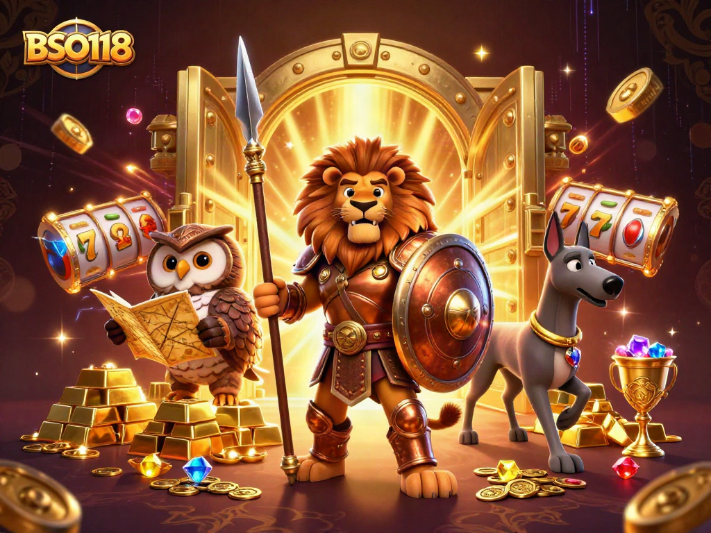BSO118 features a Spartan lion, tactical owl, and greyhound in a vibrant casino scene with treasures and slot elements.