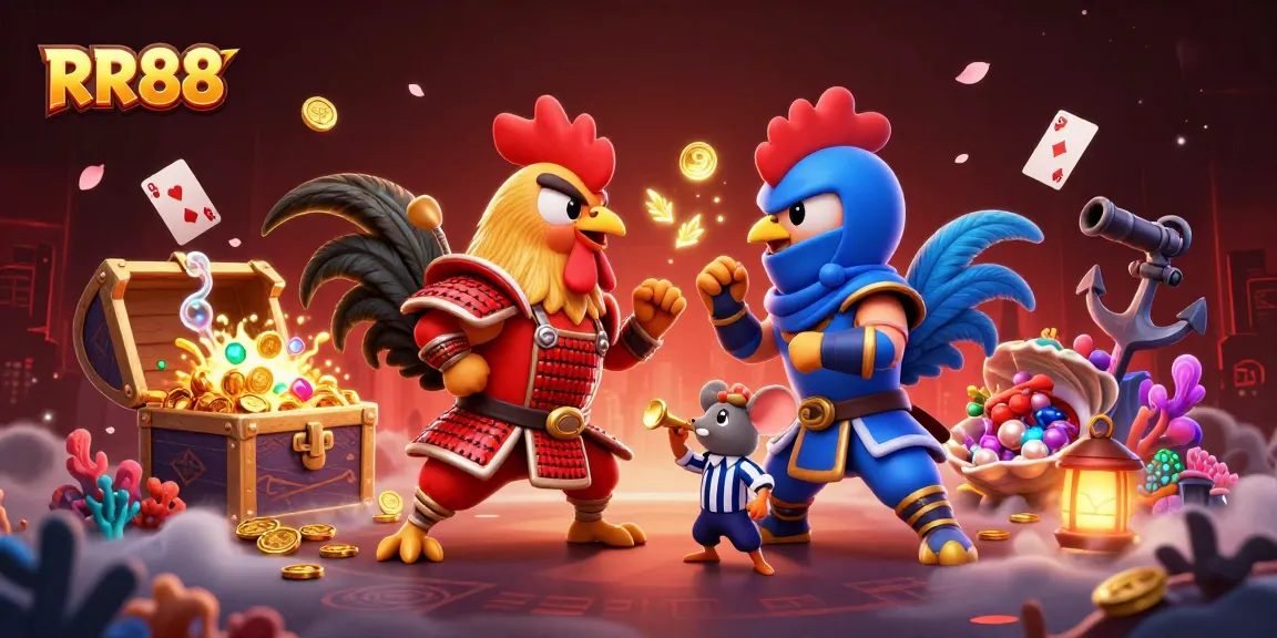 Engage with epic rooster battles at RR88, showcasing samurai and ninja styles in an action-packed casino scene.