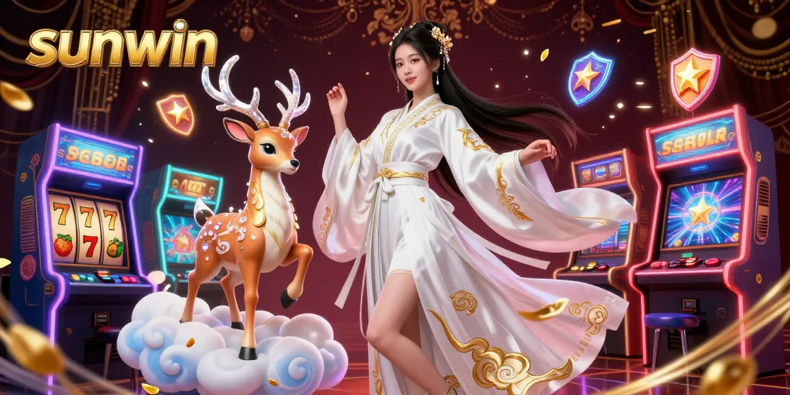 Experience the vibrant world of sunwin with this dynamic casino illustration featuring slot reels and neon-lit game machines.