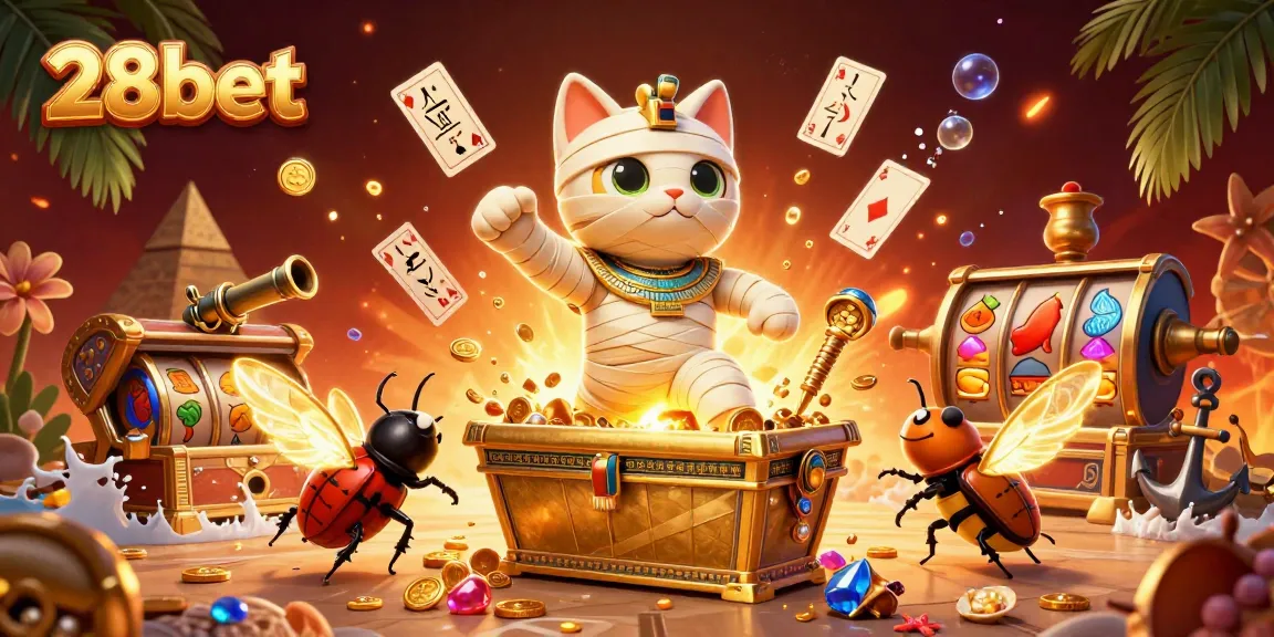 Experience the thrill of 28bet with a captivating 3D scene featuring a mummy cat and casino elements.