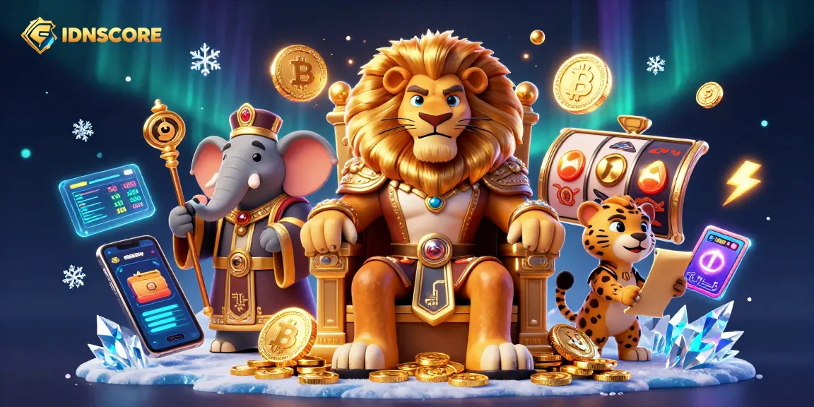 IDNSCORE showcases a dynamic 3D casino scene featuring a lion king, elephant advisor, and cheetah messenger amidst slot reels and crypto elements.