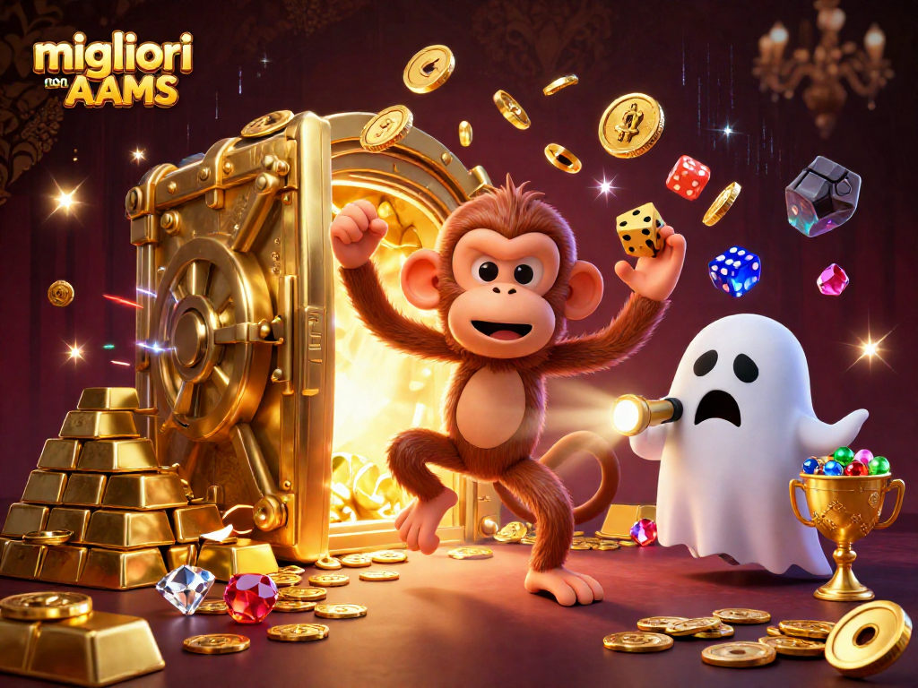 Migliori casino non AAMS: divertiti con un'eccitante illustrazione di un casinò incantato pieno di tesori e giochi