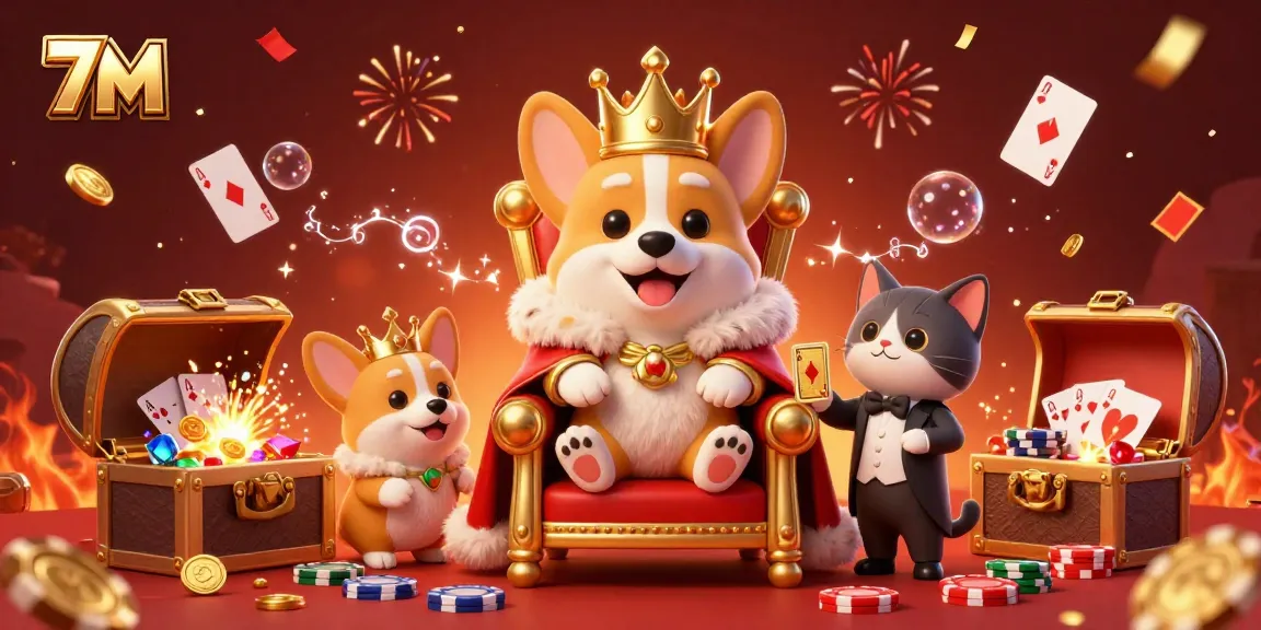 Experience thrilling gaming action with the 7M royal corgi enjoying poker, surrounded by casino treasures and lively energy.