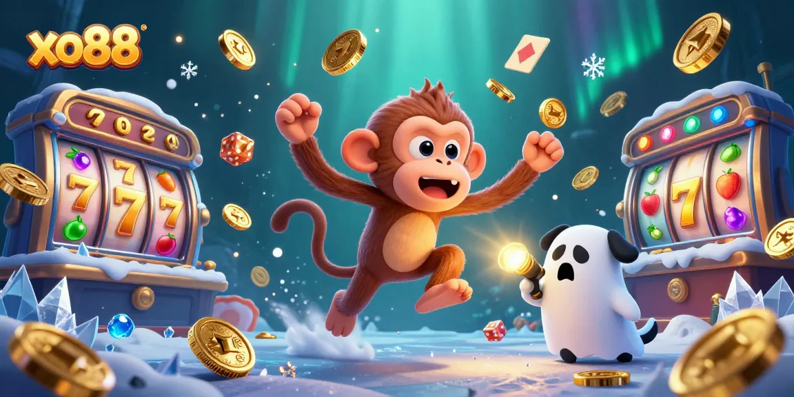 Experience thrilling adventures at xo88 with a playful poltergeist monkey juggling casino treasures amidst a haunted slot backdrop.