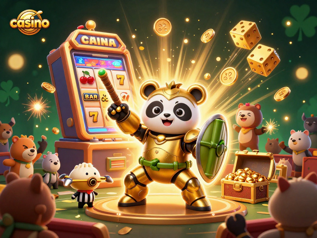 Experience thrilling casino adventures with a colorful 3D golden panda in a lavish setting.
