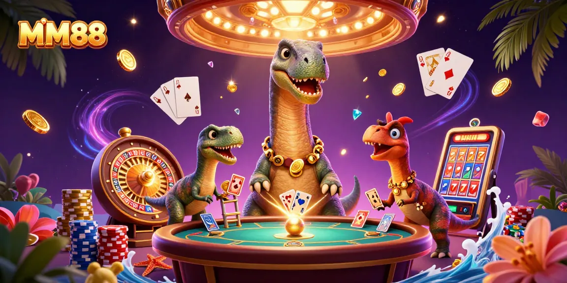 Experience the excitement of MM88 as the giant brontosaurus observes a thrilling game of poker.