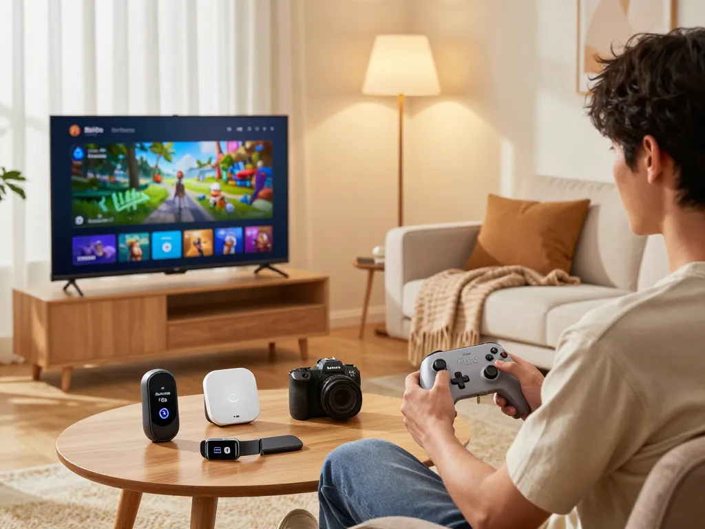 Discover cool tech gadgets under $158 in a cozy living room filled with stylish devices enhancing gaming and smart home experiences.