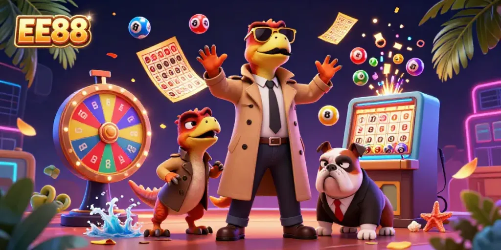 Engage with EE88 as cartoon raptors attempt to enter a VIP casino lounge filled with vibrant games.