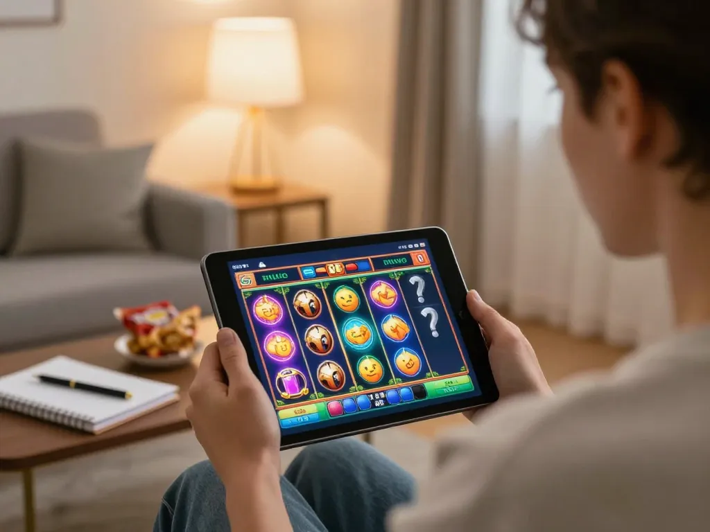 Engaging in Slot Demo gameplay on a tablet in a cozy home setting, emphasizing strategic play.