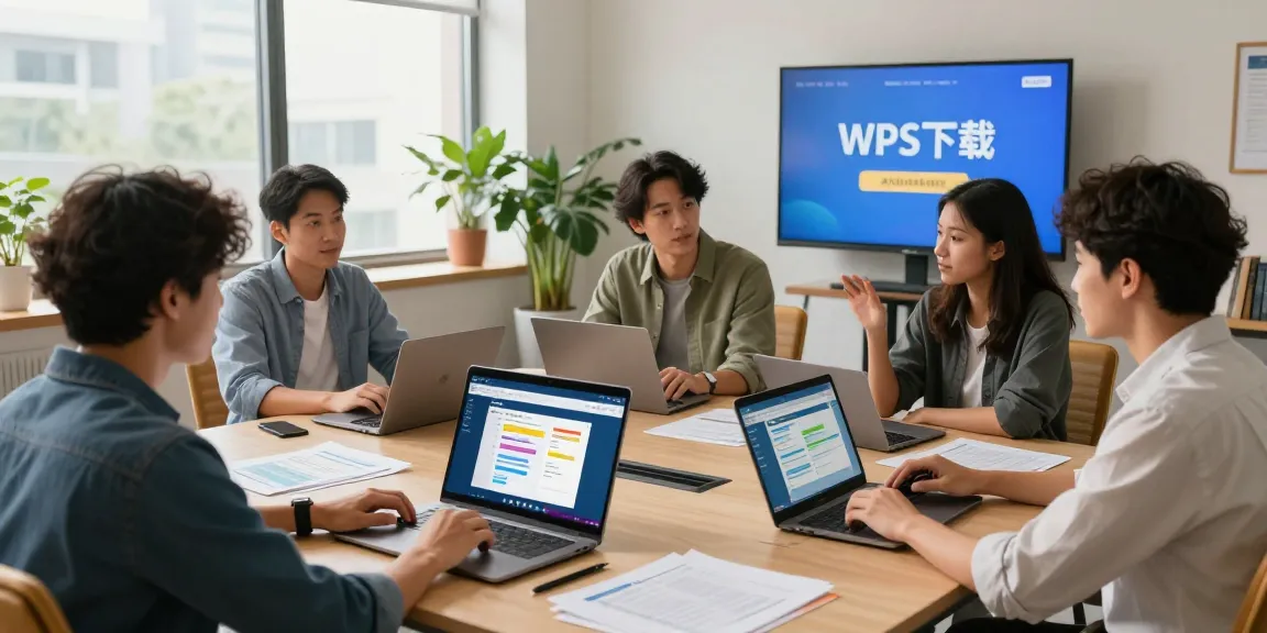 团队正在使用WPS下载提升工作效率，现代化办公室环境，展示协同工作场景。