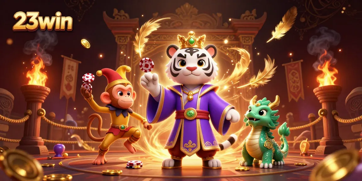 Engage in thrilling gameplay at 23win with a vibrant 3D scene of a royal tiger, monkey, and dragon.