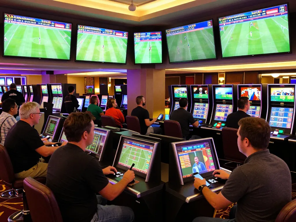 Kèo nhà cái displayed on betting screens in a bustling casino sports betting area with excited patrons placing bets