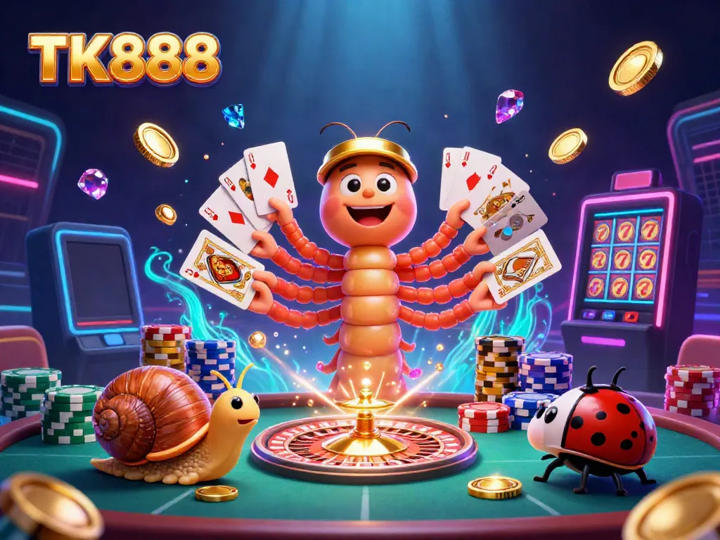 Experience the excitement of TK888 with a vibrant casino scene featuring a millipede dealer and a snail high-roller.
