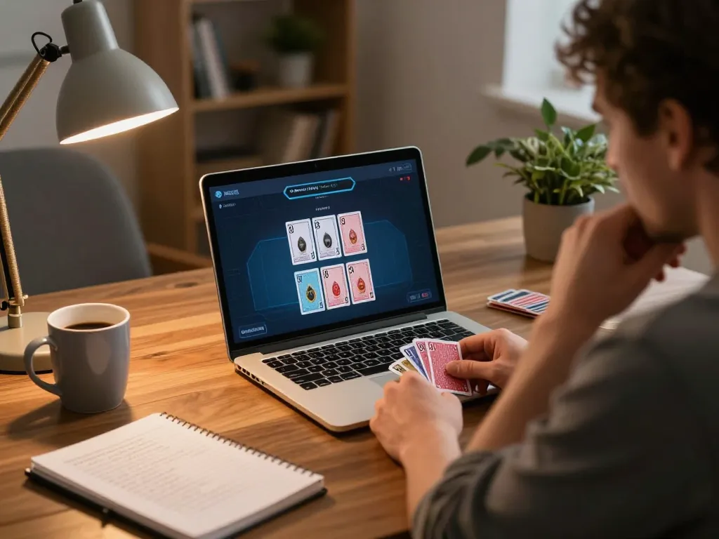 Engaging in Đánh Bài Take2 during an online poker game, revealing strategic card analysis and home gaming setup.