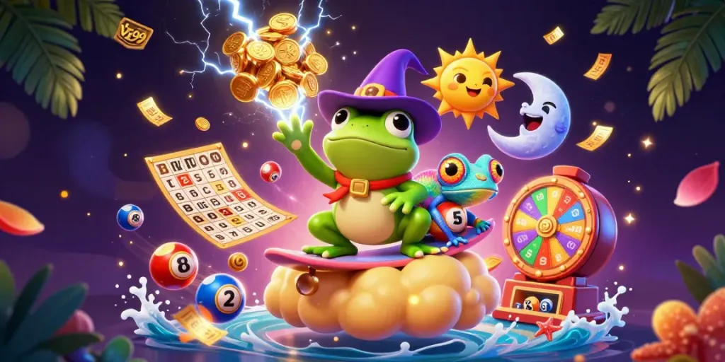 Engage with Vz99's lively casino vibes featuring a frog wizard amid golden coins and luck-themed characters.
