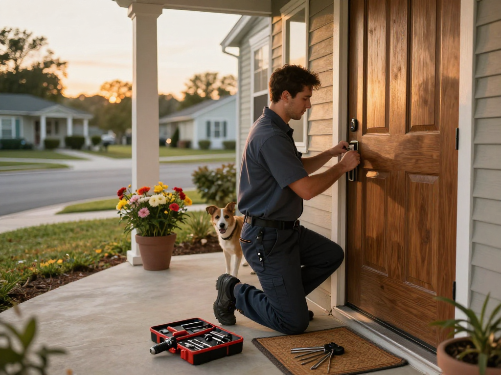 Lock change Port St. Lucie scene with technician changing door lock, showcasing reliable locksmith service.