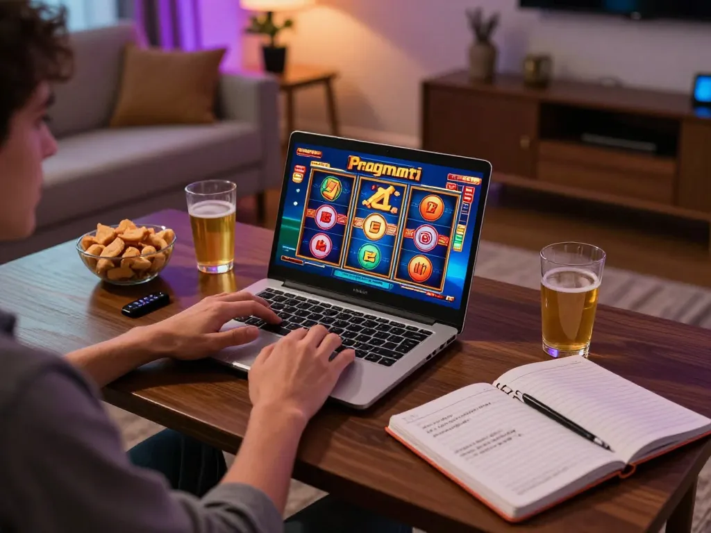 Engage with Pragmati Play slot games in a cozy home gaming environment with snacks and strategies.