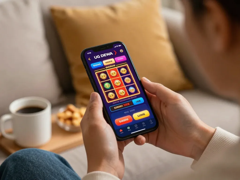Engaging mobile gameplay with UG DEWA app showcasing exciting slot games in a cozy setting