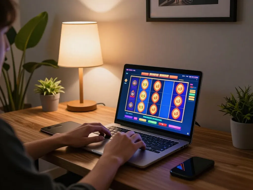 Engaging in Slot Online gaming at home with vibrant colorful reels displayed on the screen.